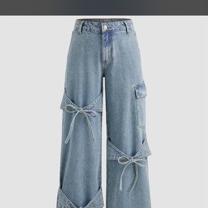 Cider Light Blue Tie-Detail Wide Leg Jeans